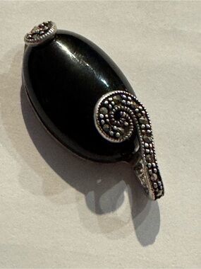 Black Onyx Oval Pendant with Sterling Silver Marcasite Swirl